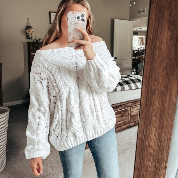 Miracle Sweaters - (NWOT) White Off The Shoulder Open Knit Sweater